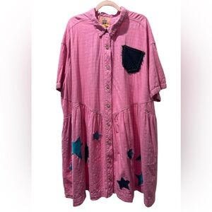 Upcycled Button Down Midi Dress, Star & Celestial Patches, Plus Size 1X-3X
